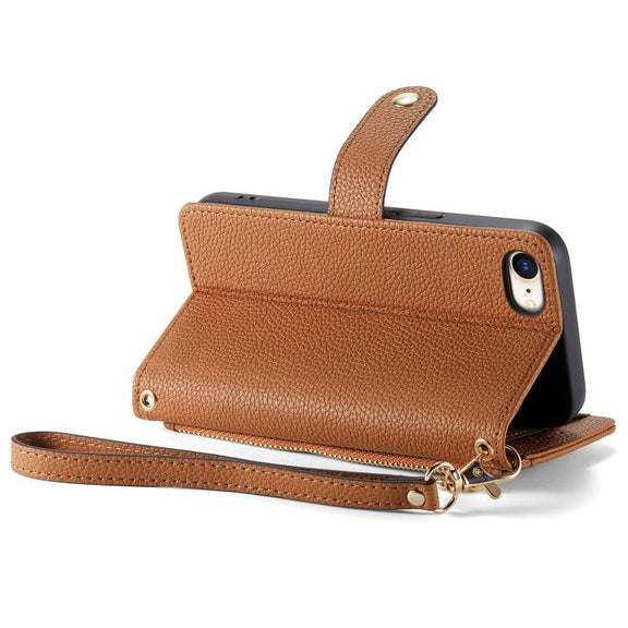 For iPhone 16e Love Zipper Lanyard Leather Phone Case(Brown)