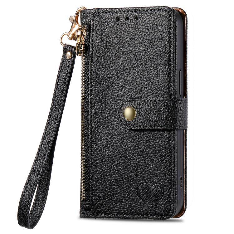 For iPhone 16e Love Zipper Lanyard Leather Phone Case(Black)