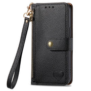 For iPhone 16e Love Zipper Lanyard Leather Phone Case(Black)