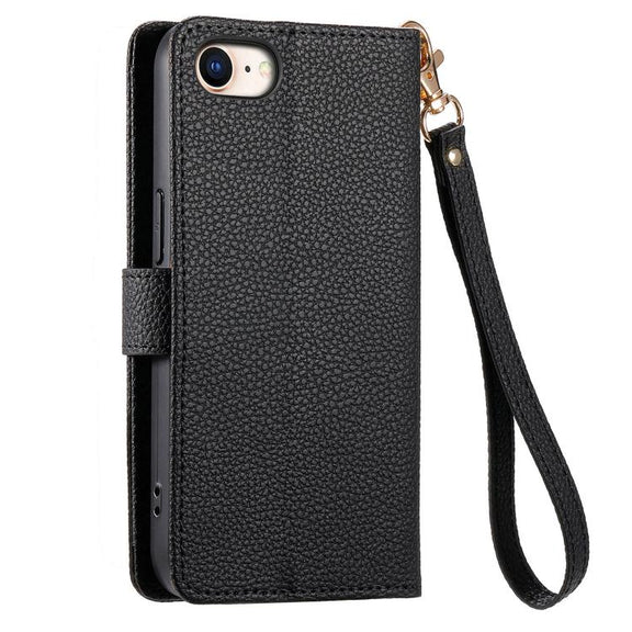 For iPhone 16e Love Zipper Lanyard Leather Phone Case(Black)