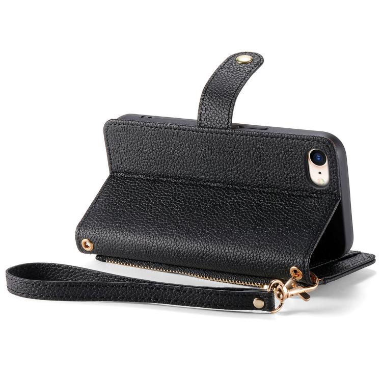 For iPhone 16e Love Zipper Lanyard Leather Phone Case(Black)