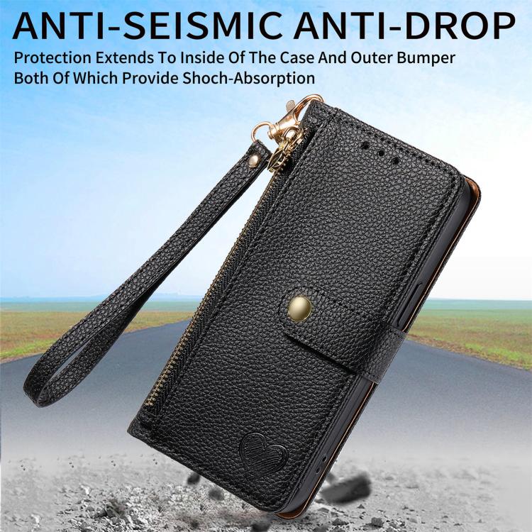 For iPhone 16e Love Zipper Lanyard Leather Phone Case(Black)