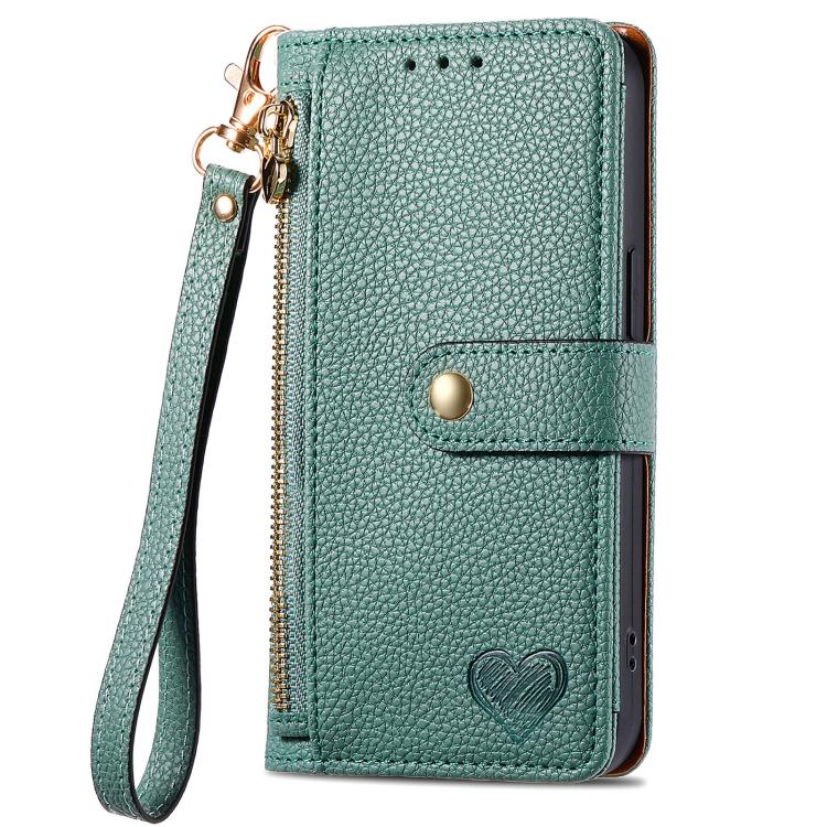 For iPhone 16e Love Zipper Lanyard Leather Phone Case(Green)