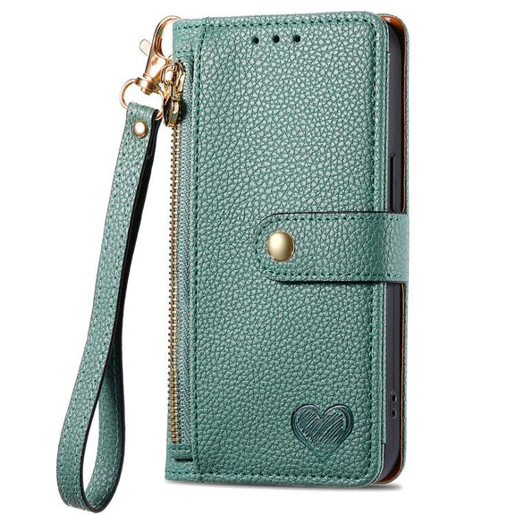 For iPhone 16e Love Zipper Lanyard Leather Phone Case(Green)