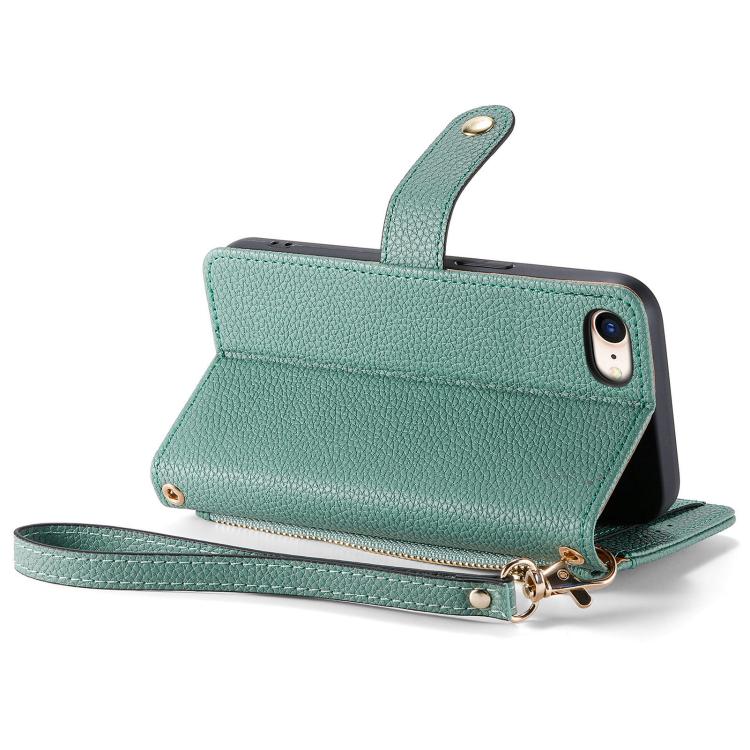 For iPhone 16e Love Zipper Lanyard Leather Phone Case(Green)