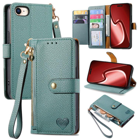 For iPhone 16e Love Zipper Lanyard Leather Phone Case(Green)