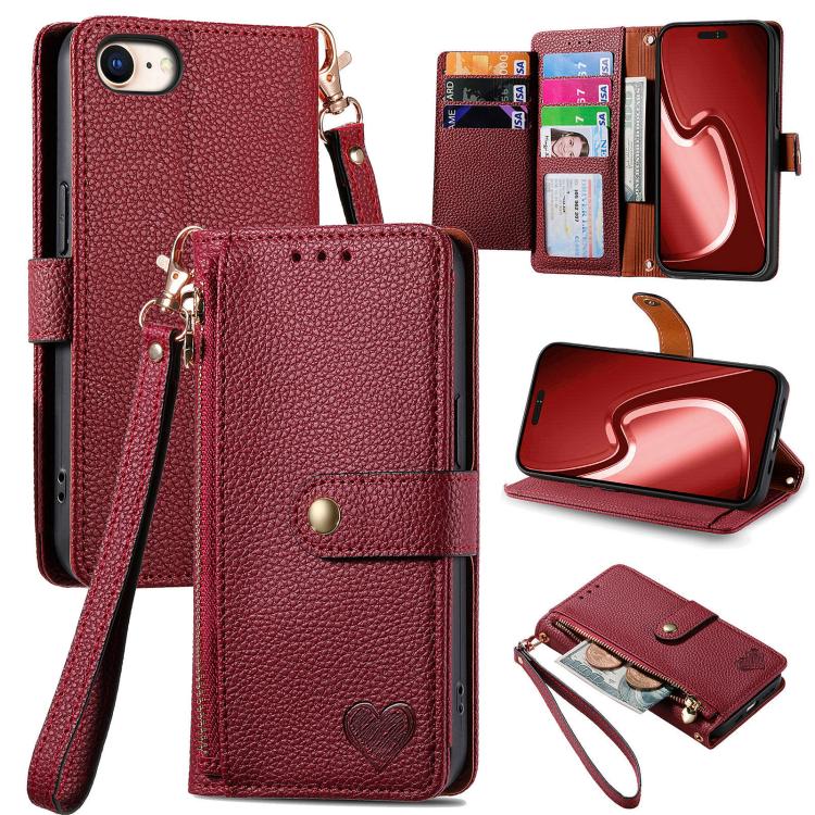 For iPhone 16e Love Zipper Lanyard Leather Phone Case(Red)