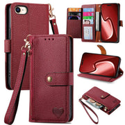 For iPhone 16e Love Zipper Lanyard Leather Phone Case(Red)