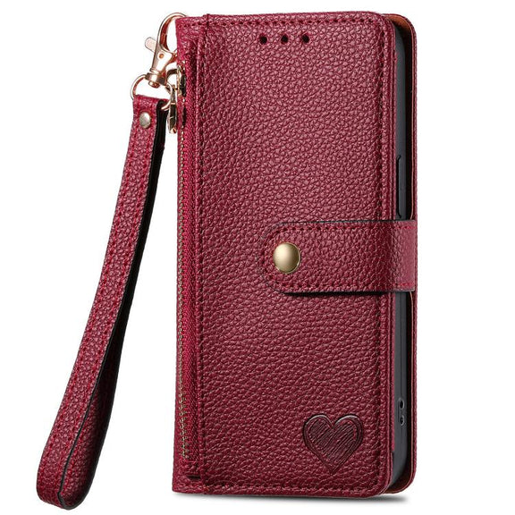 For iPhone 16e Love Zipper Lanyard Leather Phone Case(Red)