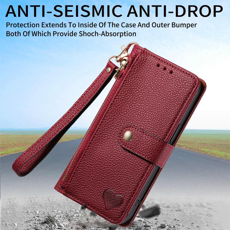 For iPhone 16e Love Zipper Lanyard Leather Phone Case(Red)