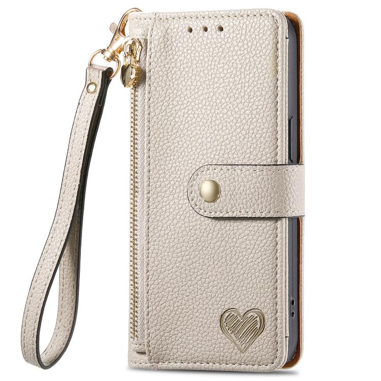 For iPhone 16e Love Zipper Lanyard Leather Phone Case(Gray)