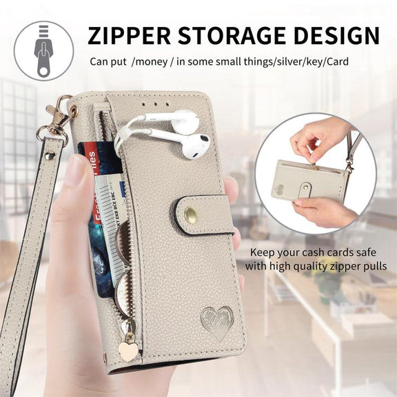 For iPhone 16e Love Zipper Lanyard Leather Phone Case(Gray)