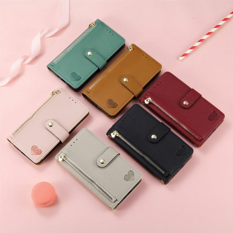 For iPhone 16 Love Zipper Lanyard Leather Phone Case(Red)