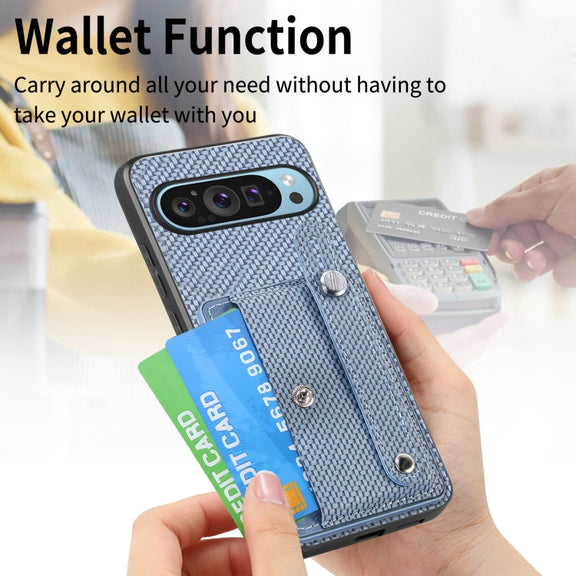For Google Pixel 9 Wristband Kickstand Card Wallet Back Cover Phone Case with Tool Knife(Blue)