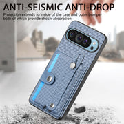 For Google Pixel 9 Wristband Kickstand Card Wallet Back Cover Phone Case with Tool Knife(Blue)