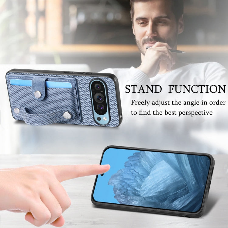 For Google Pixel 9 Wristband Kickstand Card Wallet Back Cover Phone Case with Tool Knife(Blue)