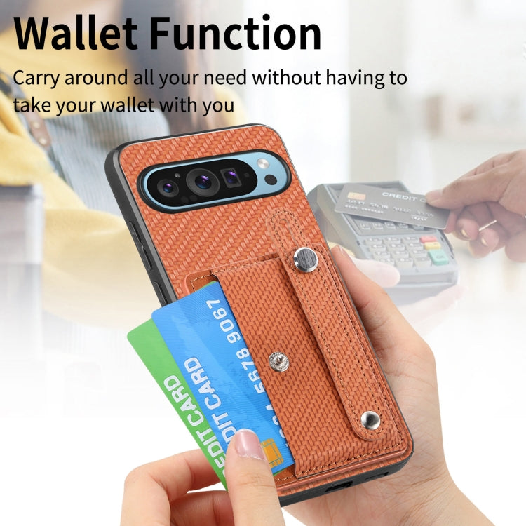 For Google Pixel 9 Wristband Kickstand Card Wallet Back Cover Phone Case with Tool Knife(Brown)