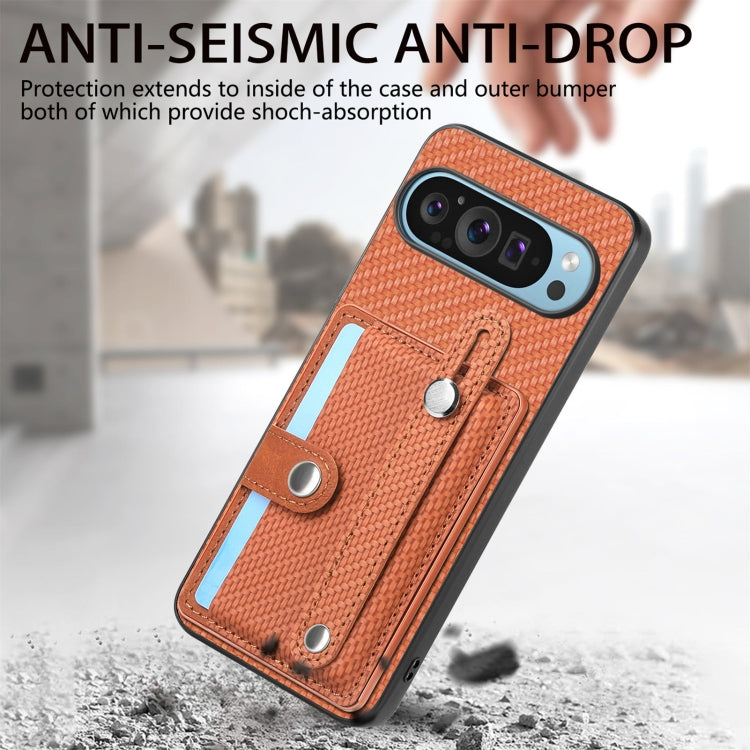 For Google Pixel 9 Wristband Kickstand Card Wallet Back Cover Phone Case with Tool Knife(Brown)