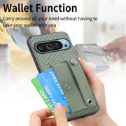 For Google Pixel 9 Wristband Kickstand Card Wallet Back Cover Phone Case with Tool Knife(Green)