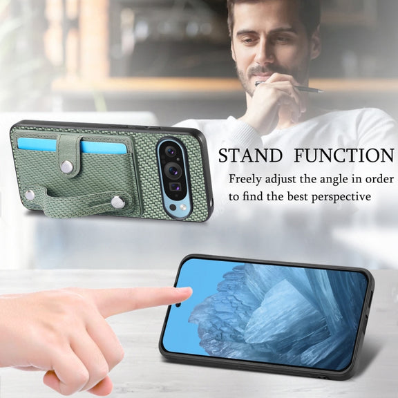For Google Pixel 9 Wristband Kickstand Card Wallet Back Cover Phone Case with Tool Knife(Green)