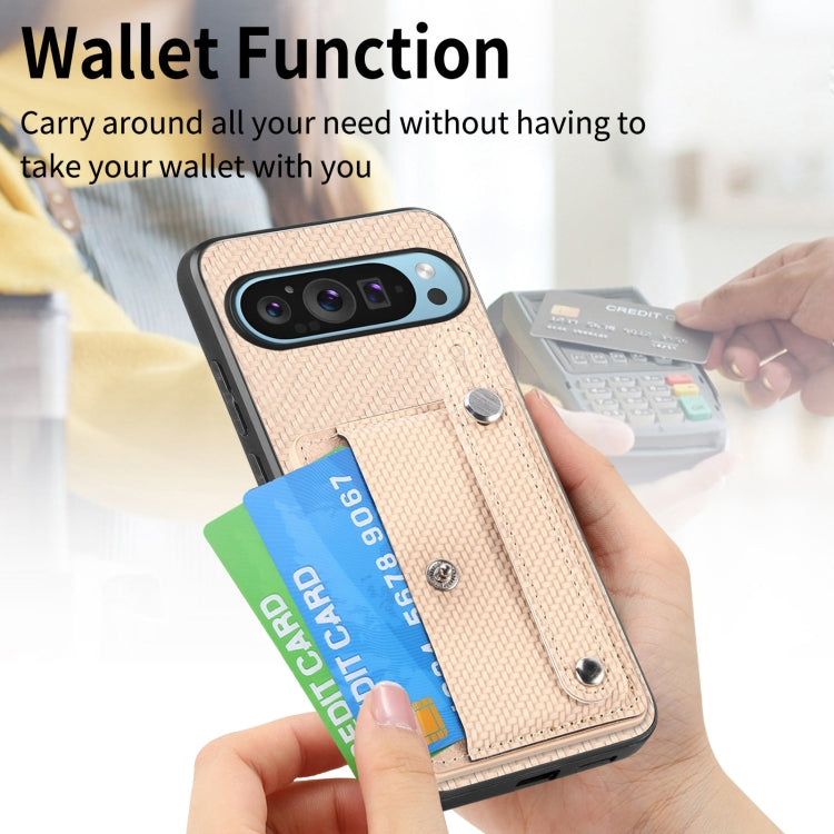 For Google Pixel 9 Wristband Kickstand Card Wallet Back Cover Phone Case with Tool Knife(Khaki)