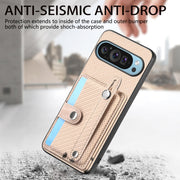 For Google Pixel 9 Wristband Kickstand Card Wallet Back Cover Phone Case with Tool Knife(Khaki)