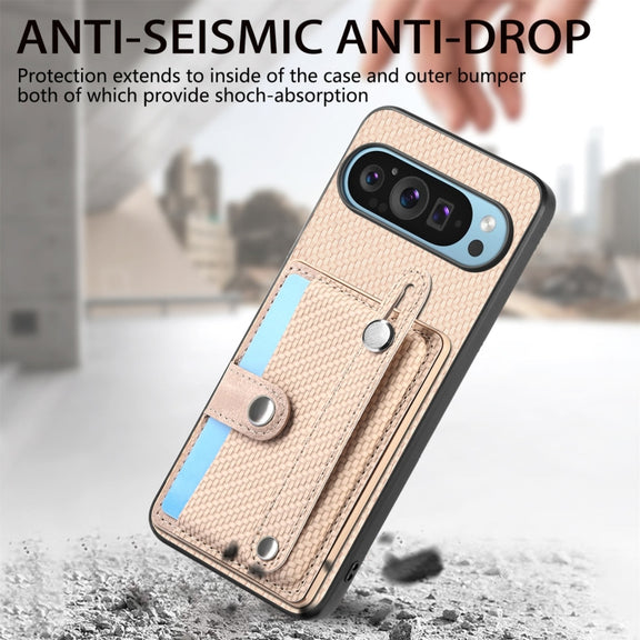 For Google Pixel 9 Wristband Kickstand Card Wallet Back Cover Phone Case with Tool Knife(Khaki)