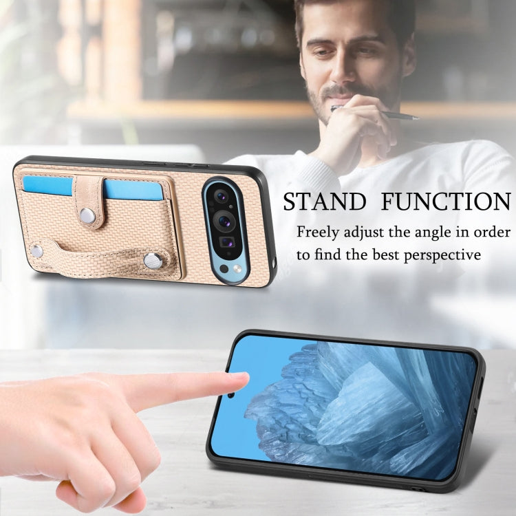 For Google Pixel 9 Wristband Kickstand Card Wallet Back Cover Phone Case with Tool Knife(Khaki)