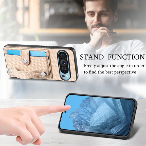 For Google Pixel 9 Wristband Kickstand Card Wallet Back Cover Phone Case with Tool Knife(Khaki)