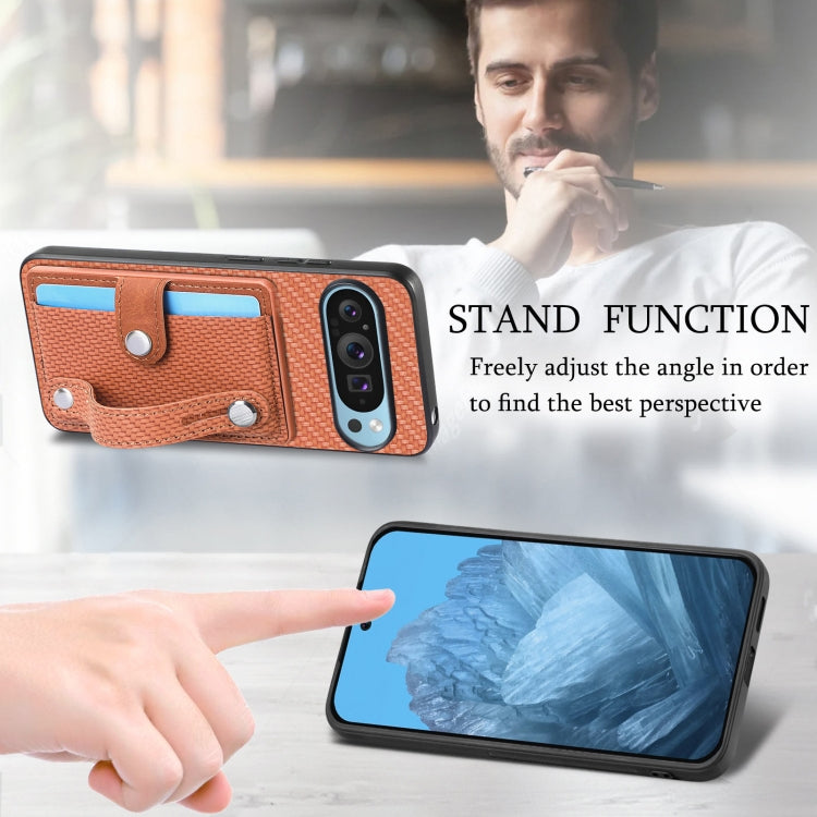 For Google Pixel 9 Pro Wristband Kickstand Card Wallet Back Cover Phone Case with Tool Knife(Brown)