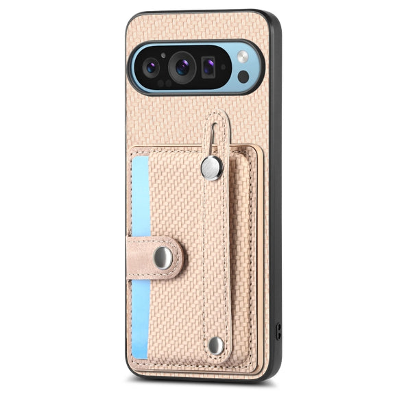 For Google Pixel 9 Pro Wristband Kickstand Card Wallet Back Cover Phone Case with Tool Knife(Khaki)