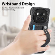 For Honor Magic6 Pro 5G Wristband Kickstand Card Wallet Back Cover Phone Case with Tool Knife(Black)