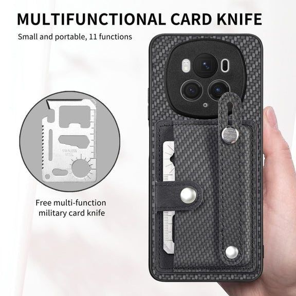 For Honor Magic6 Pro 5G Wristband Kickstand Card Wallet Back Cover Phone Case with Tool Knife(Black)