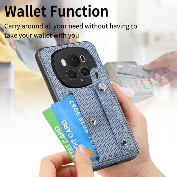 For Honor Magic6 Pro 5G Wristband Kickstand Card Wallet Back Cover Phone Case with Tool Knife(Blue)