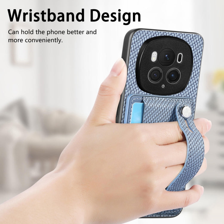 For Honor Magic6 Pro 5G Wristband Kickstand Card Wallet Back Cover Phone Case with Tool Knife(Blue)