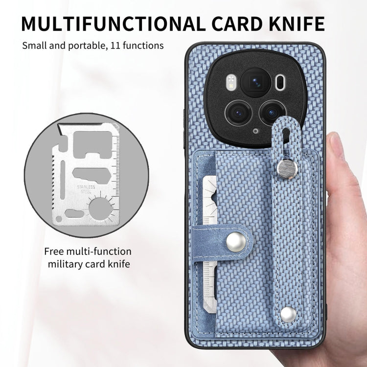 For Honor Magic6 Pro 5G Wristband Kickstand Card Wallet Back Cover Phone Case with Tool Knife(Blue)