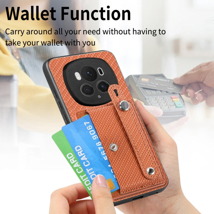 For Honor Magic6 Pro 5G Wristband Kickstand Card Wallet Back Cover Phone Case with Tool Knife(Brown)