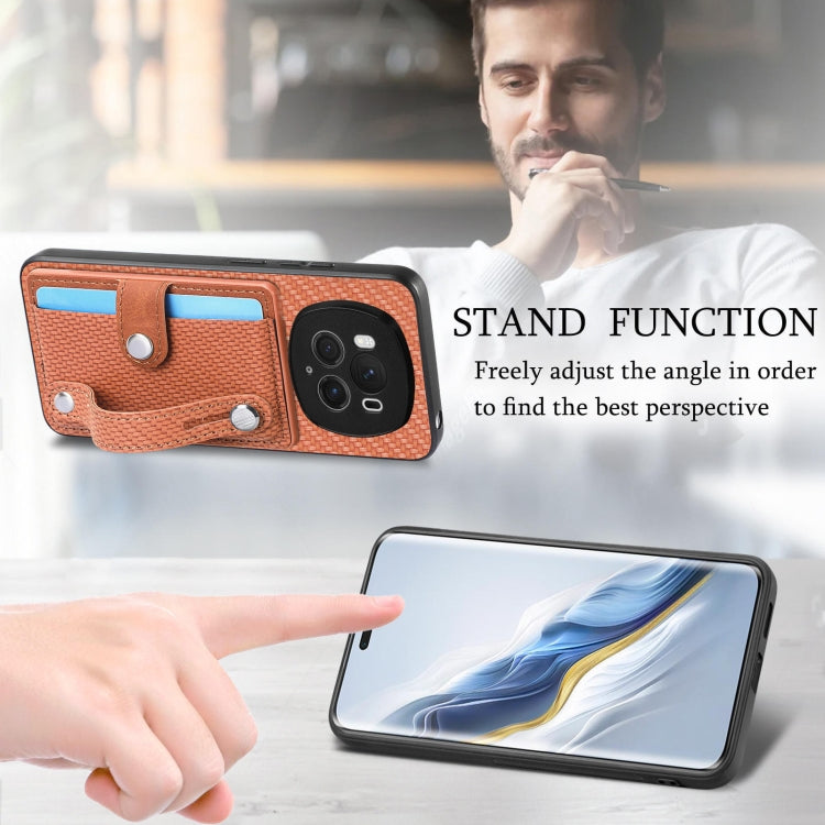 For Honor Magic6 Pro 5G Wristband Kickstand Card Wallet Back Cover Phone Case with Tool Knife(Brown)