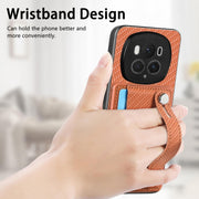 For Honor Magic6 Pro 5G Wristband Kickstand Card Wallet Back Cover Phone Case with Tool Knife(Brown)