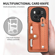 For Honor Magic6 Pro 5G Wristband Kickstand Card Wallet Back Cover Phone Case with Tool Knife(Brown)