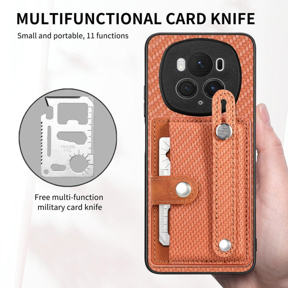 For Honor Magic6 Pro 5G Wristband Kickstand Card Wallet Back Cover Phone Case with Tool Knife(Brown)