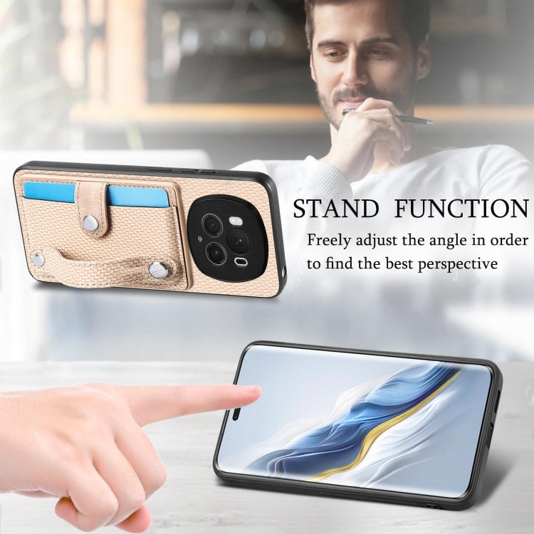 For Honor Magic6 Pro 5G Wristband Kickstand Card Wallet Back Cover Phone Case with Tool Knife(Khaki)