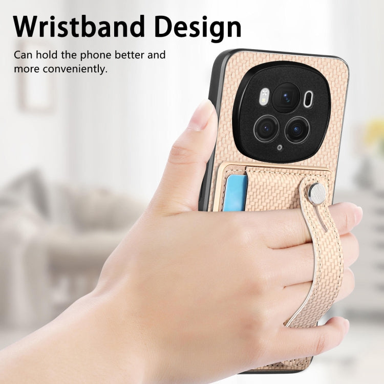 For Honor Magic6 Pro 5G Wristband Kickstand Card Wallet Back Cover Phone Case with Tool Knife(Khaki)