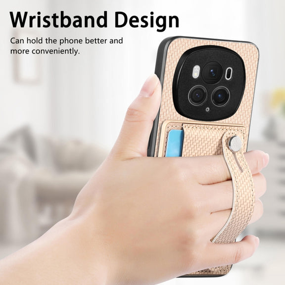 For Honor Magic6 Pro 5G Wristband Kickstand Card Wallet Back Cover Phone Case with Tool Knife(Khaki)
