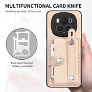For Honor Magic6 Pro 5G Wristband Kickstand Card Wallet Back Cover Phone Case with Tool Knife(Khaki)