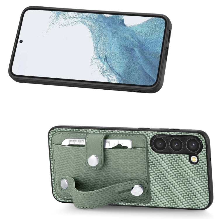 For Samsung Galaxy S21 5G Wristband Kickstand Wallet Back Phone Case with Tool Knife(Green)
