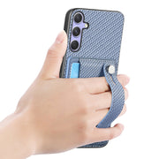 For Samsung Galaxy S25+ 5G Wristband Kickstand Wallet Back Phone Case with Tool Knife(Blue)