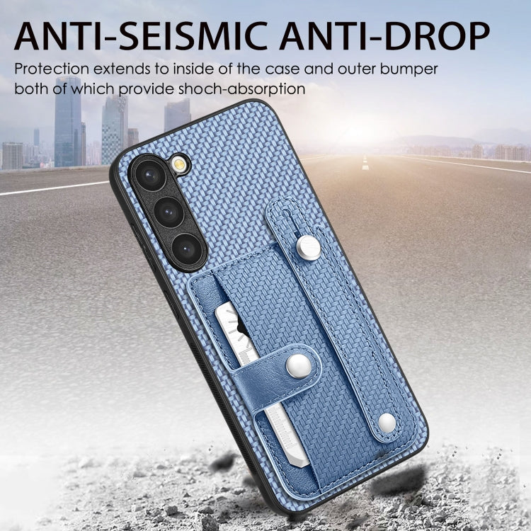 For Samsung Galaxy S25+ 5G Wristband Kickstand Wallet Back Phone Case with Tool Knife(Blue)