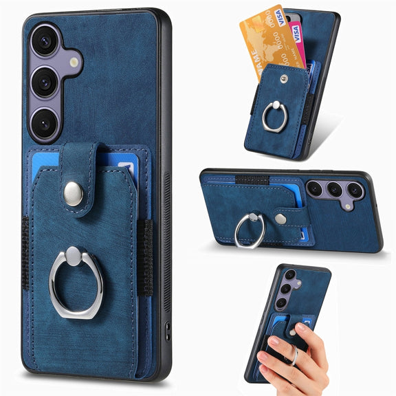 For Samsung Galaxy S25 5G Retro Skin-feel Ring Card Wallet Phone Case(Blue)