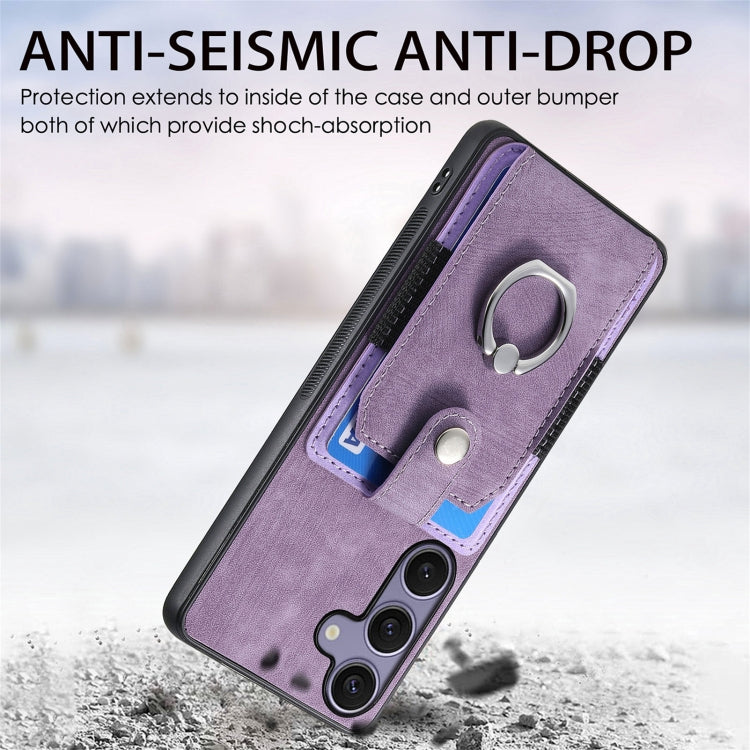 For Samsung Galaxy S25 5G Retro Skin-feel Ring Card Wallet Phone Case(Purple)